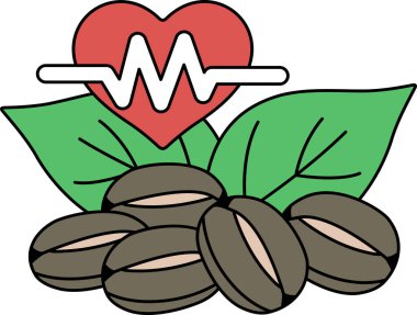 Bir kalp yapraklar ve birkaç kahve çekirdeği ile çevrilidir. Kalp atışı gibi görünen bir çizgi ile çevrili.