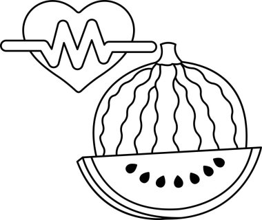 Bir kalp ve bir dilim karpuz siyah ve beyaz bir resimde gösterilir. Kalp karpuzun üzerinde yer alır ve karpuz dilimi çizimin sağ tarafına yerleştirilir.