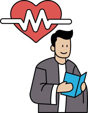Bir adam elinde kalp tutarken kitap okuyor. Kalp bir dalgayla çevrilidir, bu da adamın kalp ya da işlevleri hakkında okuduğunu gösterir.