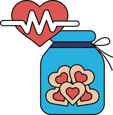 Üstünde kalpler ve bir kalp olan bir kavanoz şeker. Kavanoz beyaz arka planda.