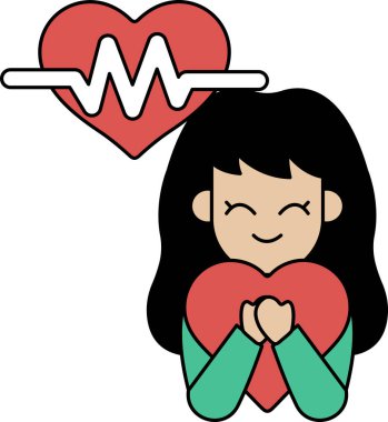 Bir kız gülümsüyor ve kalp taşıyor. Kalp bir kalp monitörüyle çevrilidir. Kız mutlu ve kalp monitörü sağlığın sembolü.