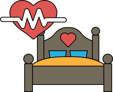 Üzerinde kalp olan bir yatak ve EKG yazan bir çizgi. Yatak beyaz ve kalp kırmızıdır.