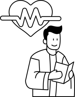 Bir adam elinde kalp tutarken kitap okuyor. Kalp bir dalgayla çevrilidir, bu da adamın kalp ya da işlevleri hakkında okuduğunu gösterir.