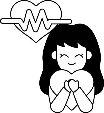 Bir kız gülümsüyor ve kalp taşıyor. Kalp bir kalp monitörüyle çevrilidir. Kız mutlu ve kalp monitörü sağlığın sembolü.