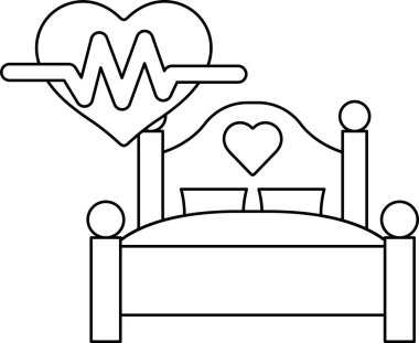 Üzerinde kalp olan bir yatak ve EKG yazan bir çizgi. Yatak beyaz ve kalp kırmızıdır.