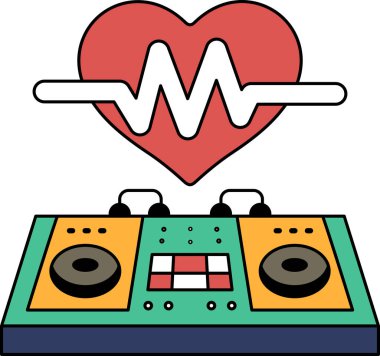 Siyah beyaz bir kalp ve müzik ekipmanı çizimi. Kalp çizimin merkezindedir ve müzik ekipmanları sağ taraftadır. Çizim, müzik ve aşk fikrini aktarıyor.