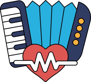 Klavyesi ve tefi olan siyah beyaz bir kalp çizimi. Kalp, üzerinde çizgi olan bir çemberle çevrilidir. Çizim bir müzik ve ritim hissi veriyor.