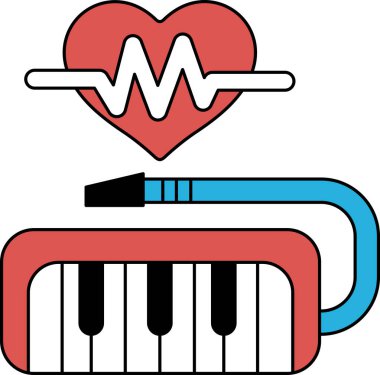 Siyah beyaz bir kalp ve müzik aleti tasviri. Kalp bir dalgayla çevrilidir ve müzik aleti bir klavyedir. Kalp gibi ahenk ve ritim kavramı.