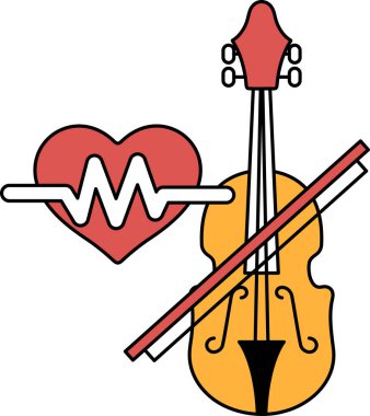 Siyah beyaz bir kalp, keman ve steteskop çizimi. Kalp bir dalgayla çevrilidir ve steteskop kalbin sol tarafına yerleştirilir.