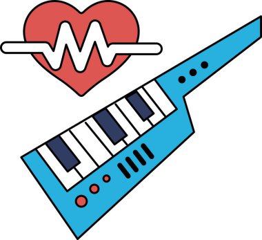 Siyah beyaz bir kalp ve klavye çizimi. Kalp bir dalgayla çevrilidir ve klavye kalbin üzerinde konumlanmıştır. Kalp gibi ritim ve ahenk kavramı