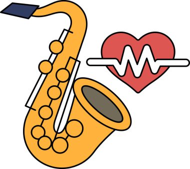 Saksafon ve kalbin siyah beyaz çizimi. Çizim, müzik ve aşk fikrini aktarıyor.