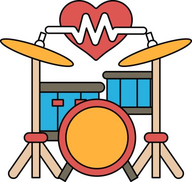 Üstünde kalp olan bir bateri seti çizimi. Kalp bir çemberle çevrili ve davul seti ortada.