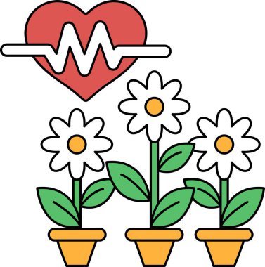 Bir kalp arka arkaya üç çiçekle çevrilidir. Kalp, EKG 'ye benzeyen bir hat ile çevrili. Çiçekler saksıda.