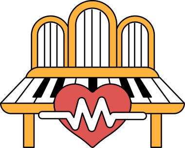 Üzerinde kalp olan siyah beyaz bir piyano çizimi. Kalp müziğin sembolü olan bir dalgayla çevrilidir. Kalp olarak uyum ve duygu kavramı.