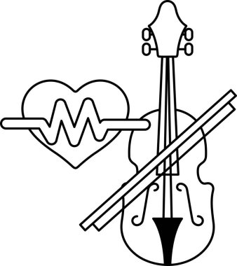 Siyah beyaz bir kalp, keman ve steteskop çizimi. Kalp bir dalgayla çevrilidir ve steteskop kalbin sol tarafına yerleştirilir.