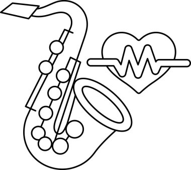 Saksafon ve kalbin siyah beyaz çizimi. Çizim, müzik ve aşk fikrini aktarıyor.