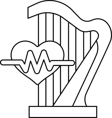 Bir kalp, arka planda bir parça kağıtta bir enstrümanla, muhtemelen bir arpla gösterilir. Kalp, kalp atışını temsil edebilecek bir dalgayla çevrilidir.