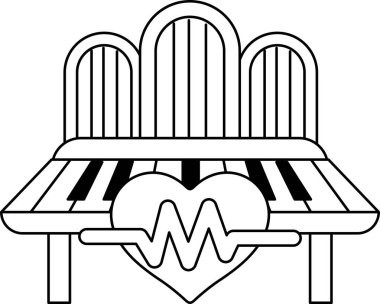 Üzerinde kalp olan siyah beyaz bir piyano çizimi. Kalp müziğin sembolü olan bir dalgayla çevrilidir. Kalp olarak uyum ve duygu kavramı.