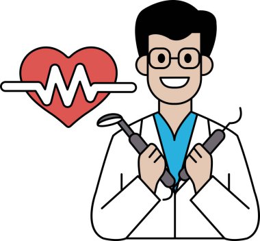 Beyaz laboratuvar önlüklü bir adam bir çift diş aletini tutuyor. Bu resim, göğsünde kalp olan bir adamın karikatürü.