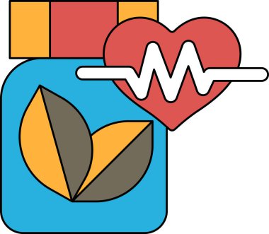 Üzerinde yaprak ve etiketinde kalp olan bir ilaç şişesi. Kalp ECG yazan bir çizgiyle çevrili.
