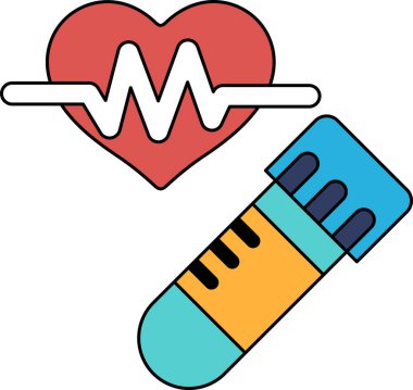 Bir kalp ve şırınga siyah beyaz bir resimde gösterilir. Kalp, nabzı temsil eden bir dalgayla çevrilidir. Şırınga kalbin üzerine yerleştirilmiş.