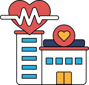 Üzerinde kalp olan bir hastane binası. Kalp atışı gibi görünen bir çizgi ile çevrili.