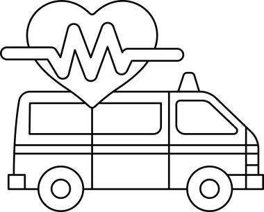 Üzerinde kalp olan bir minibüsün siyah beyaz çizimi ve önünde 