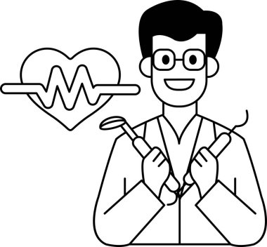 Beyaz laboratuvar önlüklü bir adam bir çift diş aletini tutuyor. Bu resim, göğsünde kalp olan bir adamın karikatürü.