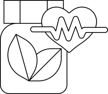 Üzerinde yaprak ve etiketinde kalp olan bir ilaç şişesi. Kalp ECG yazan bir çizgiyle çevrili.