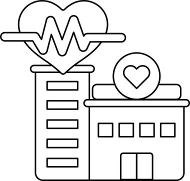 Üzerinde kalp olan bir hastane binası. Kalp atışı gibi görünen bir çizgi ile çevrili.