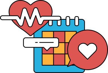 Bir kalp, bir takvim ve içinde kalp olan bir konuşma balonu. Birinin sağlığına dikkat etmesi ve düzenli kalması kavramı