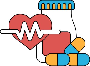 Bir kalp, bir ilaç şişesi ve bir hap siyah beyaz çizimde gösterilir. Kalp, kalp atışını temsil eden bir dalgayla çevrilidir. Hap şişesi ve haplar kalbin yanına konur.