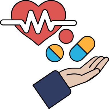 Bir el hapları ve bir kalp. Birinin sağlığına dikkat etme kavramı ve ilacın önemi