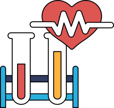 Bir kalp, içinden dalgalar çıkan bir çizgiyle gösterilir. Kalp iki test tüpüyle çevrili.