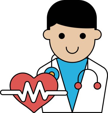Elinde kalp tutan bir karikatür doktoru. Çizgi film gülümsüyor ve mutlu.