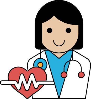 Bir kadın kalp tutuyor ve gülümsüyor. O bir doktor. Görüntü siyah ve beyaz.