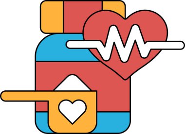 Üzerinde kaşık ve kalp olan bir ilaç şişesi. İlaç şişesinde 