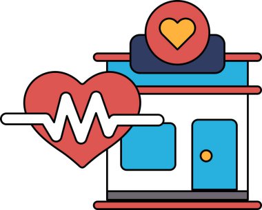 Üzerinde kalp olan bir bina ve yerde bir kalp monitörü. Bina bir hastane.