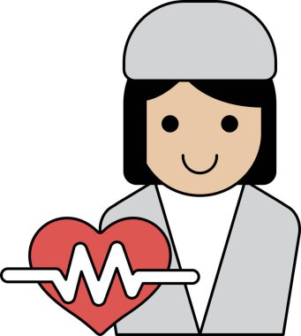 Bir kadın kalp tutuyor ve gülümsüyor. Bir hemşirenin ya da doktorun resmi. Kalp hayatın ve sağlığın sembolüdür, ve kadının gülümsemesi mutlu ve memnun olduğunu gösterir.