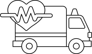 Kenarında kalp olan bir kamyonun siyah beyaz çizimi. Kalp, tıbbi bakım sembolü olan bir dalgayla çevrilidir. Kamyon yolun kenarına park edilmiş.