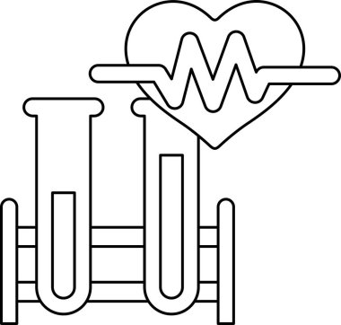 Bir kalp, içinden dalgalar çıkan bir çizgiyle gösterilir. Kalp iki test tüpüyle çevrili.