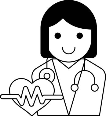 Bir kadın kalp tutuyor ve gülümsüyor. O bir doktor. Görüntü siyah ve beyaz.