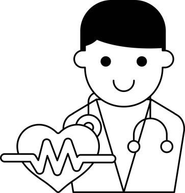 Elinde kalp tutan bir karikatür doktoru. Çizgi film gülümsüyor ve mutlu.