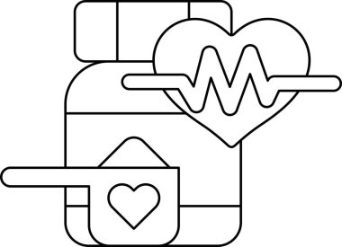 Üzerinde kaşık ve kalp olan bir ilaç şişesi. İlaç şişesinde 