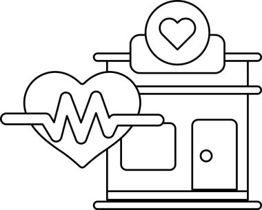 Üzerinde kalp olan bir bina ve yerde bir kalp monitörü. Bina bir hastane.