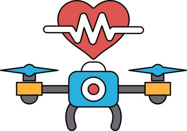 Üzerinde kalp olan bir dron. Drone, hastanın kalp atışlarını takip edebilen tıbbi bir cihaz.