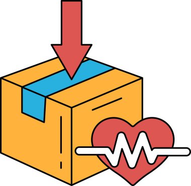 Üzerinde kalp olan beyaz bir kutu ve aşağı doğru bir ok. Kutuda 
