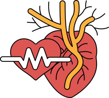 Bir kalp ve bir damar siyah ve beyaz çizimde gösterilir. Kalp, kalp atışını temsil eden bir dalgayla çevrilidir. Damar ince, hassas bir çizgi olarak gösterilir.