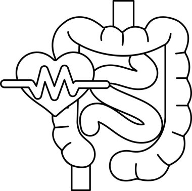 Bir kalp ve mide çizimi, kalbi karnının üstünde. Kalp, yaşam ve canlılığın sembolü olan bir dalgayla çevrilidir. Mide uzun, sarmal bir tüp olarak gösterilir.