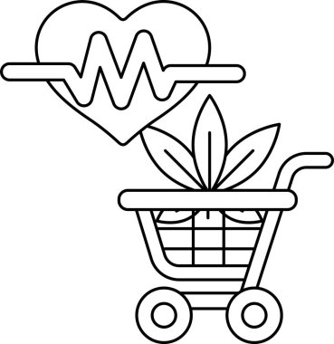 Üzerinde kalp ve bitki olan bir alışveriş arabasının siyah beyaz çizimi. Kalp bir dalgayla çevrilidir ve bitki el arabasının üzerindedir. Sağlık ve refah kavramı
